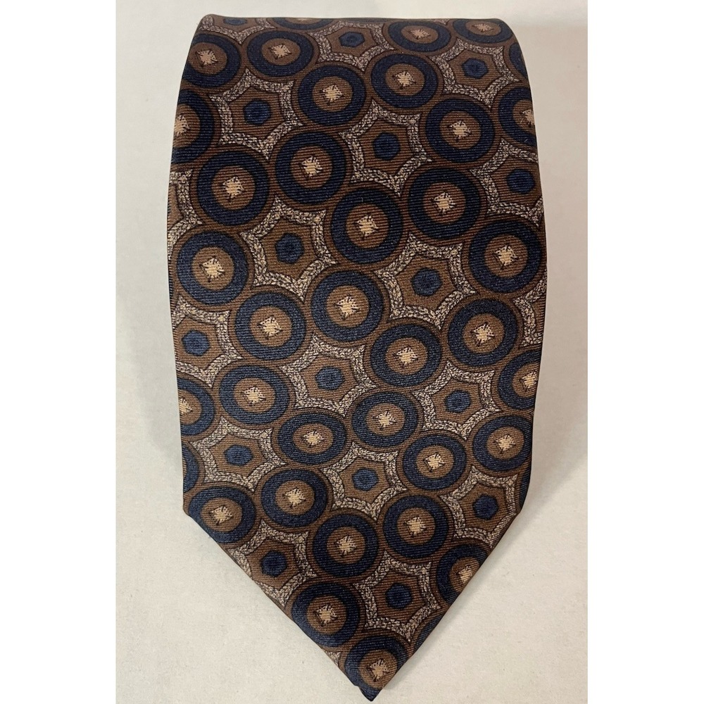 Christian Dior Navy Blue Brown Print Tie Silk Made in USA Vintage Luxury